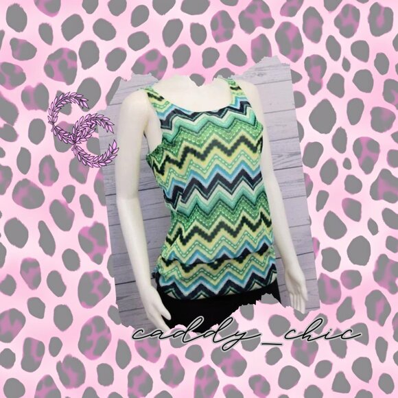 Vibrant Chevron Sleeveless Top - Like New - Navy, Green, Yellow - Size XL - Picture 1 of 8